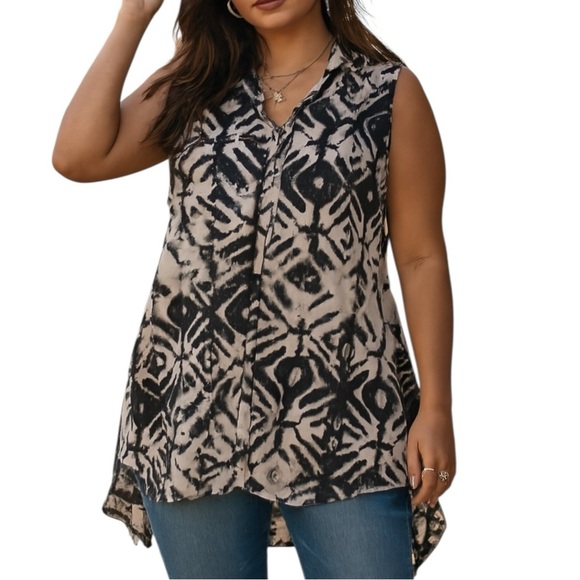 Amanda Green Black White Geometric Tie Dye Button Up Sleeveless Top Large - Picture 10 of 10